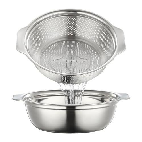 Stainless Steel Colander for Kitchen 2-Quart, Strainer Microporous with Mixing Bowl, Rice Strainer for Washing Vegetables, Fruit and Draining Cooked Pasta, Dishwasher Safe