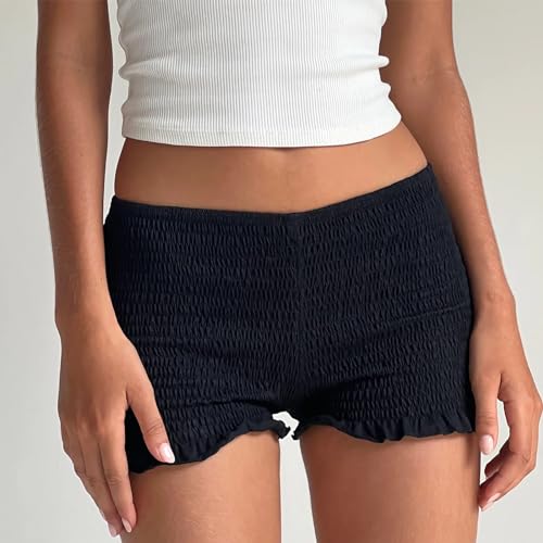 Image of NUFIWI Women's Y2k Ruched Mini Shorts Low Waist Ruffle Frill Bloomers Lounge Pajamas Smocked Micro Shorts Sleepwear