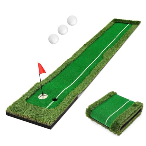 COSTWAY - COSTWAY Tapis de Putting Entraînement Golf de 300 cm, Golf Putting Gazon Artificiel avec 3 Balles de Golf et 2 Tailles de Trou pour Fête, Tapis d'Entraînement pour Intérieur/Extérieur