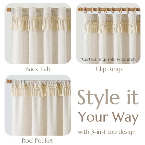 Image of jinchan Linen Curtains for Living Room Bedroom Light Filtering Semi Sheer Curtains Boho Farmhouse French Country Cottage Core Decor Window Drapes Back Tab 84 Inch Length Tassel Beige