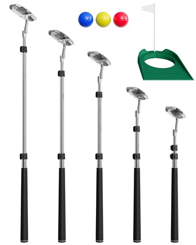 Go For It Golf Kids Putter with Extendable Shaft - Adjustable Size for Junior Golfers - Right Handed - Ideal Training Club for Children, Youth - Includes 3 Balls, Cup with Flag - Silver, 17"-35"