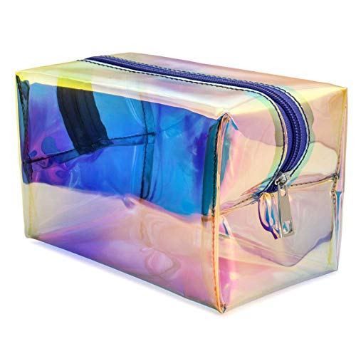 Holographic Makeup Bag, Veckle Clear Cosmetic Bag Large Travel Iridescent Toiletry Pouch Clutch Purse Organizer Hologram Handbag Make-up Storage Cases for Women Girls Pink Zipper