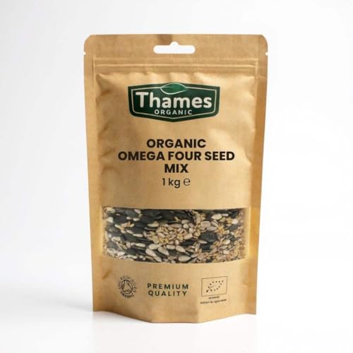 Organic Omega Four Seed Mix -1kg- Pumpkin, Sunflower, Sesame, Flax - No Additives, No Preservatives, High Fibre, High Protein, Raw Whole Seeds, Vegan, GMO Free, Certified Organic - Thames Organic