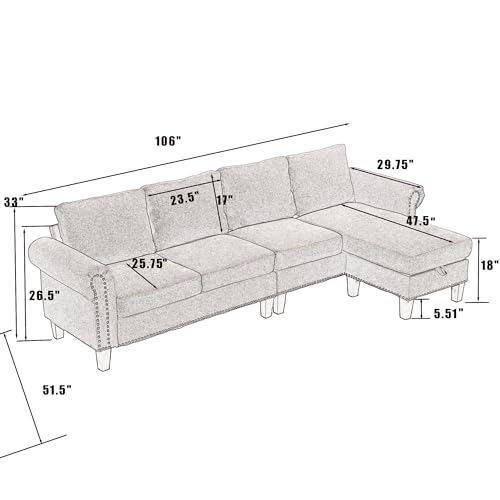 Tomkate 106\" Convertible Sectional Sofa Couch, L Shaped Couch with Reversible Chaise, 4 Seater Sofa with Storage Ottoman, Modern Linen Fabric Sectional Couches for Living Room (Grey)