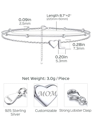 Image of ChicSilver Sterling Silver Anklets for Women Hypoallergenic Womens Ankle Bracelets for Women Layered Heart Anklet With Initials Womens Anklets Jewelry for Mom Wife