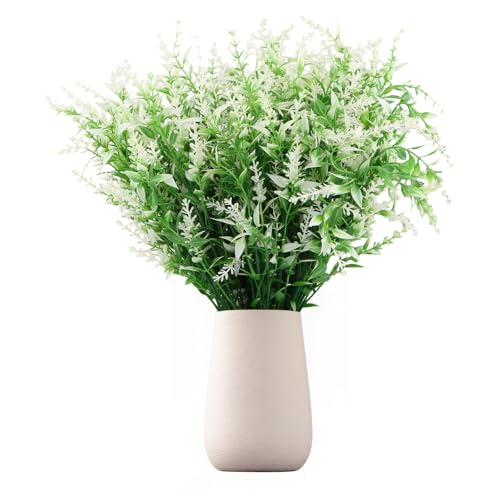 12 Bündel Künstliche Lavendel Blumen,Kunstblumen für Außen, kunstpflanzen Outdoor,UV Beständige Künstliche Sträucher Balkonpflanzen,Plastikblumen Unechte Blumen für Hausgarten Büro Hochzeit (Weiß)