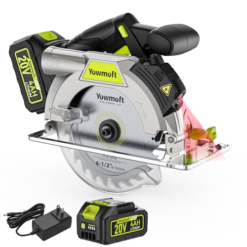 Yowmoft 20V Cordless Circular Saw with 6-1/2-Inch Blade, 5600Rpm Brushless Battery Circular Saw with LED Light & Red Beam Guide & Battery and Charger (4.0Ah)