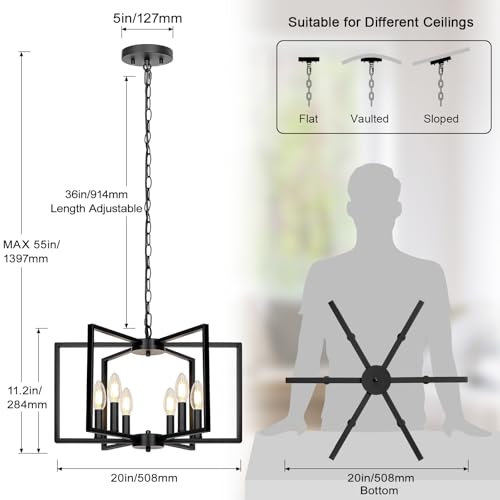 Black Farmhouse Chandelier, 6 Light Geometric Dining Room Light Fixture, Modern Industrial Metal Ceiling Light Rustic Ha - Additional View