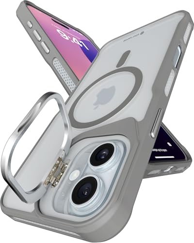 Image of eller sante Roxane Magpro Back Cover Case for iPhone 16 Plus Scratch Resistant Camera Screen Protector TPU Shockproof with Stand Holder Mag-Safe Wireless Charging- Grey