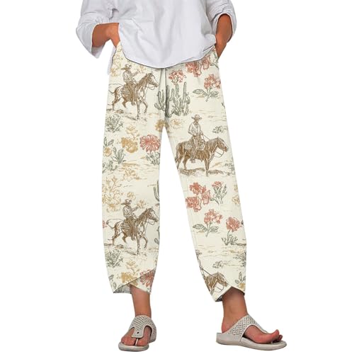 Image of DMOYALA Linen Pants for Women Summer Casual Wide Leg Capri Pants Loose Fit Palazzo Pants Cropped Beach Pants with Pockets