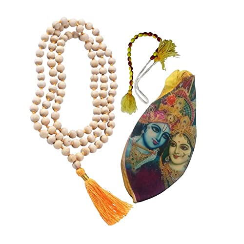 Image of Multicolor Beautiful Radha Krishna Printed Pure Cotton Gomukhi Japa Mala Bag /Chanting Bag with Japa Mala 108 Beads Original and Sakshi Mala Counter (Pack of 1 Set)