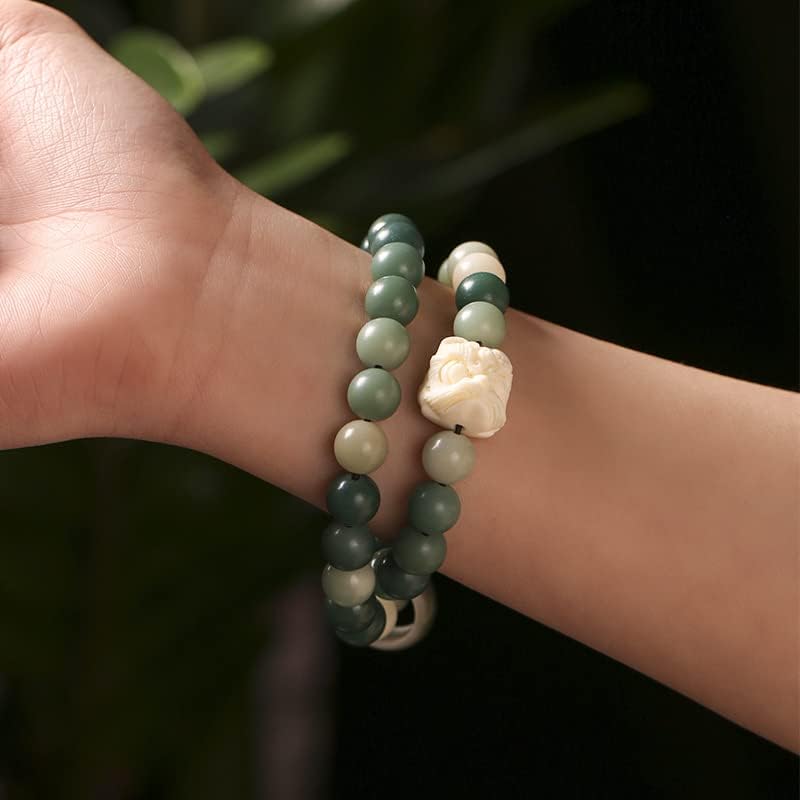 xiexuelian Lucky bracelet Buddha beads bracelet 风化绿阴皮菩提根手串手工编织醒狮菩提文玩跑环手持佛珠男士盘玩(多宝色款10mm)