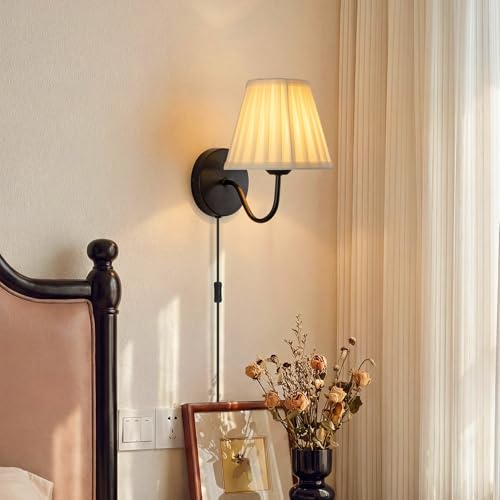 Image of Plug in Wall Sconces with White Fabric Shades, Black Wall Sconces Set of Two, Modern Wall Lighting Fixture with On /Off Switch, Indoor Corded Wall Lamp for Bedroom, Living Room, Hallway, Bedside