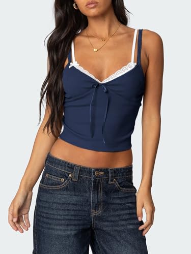 Women Camisole Tank Tops Lace Trim Bralettes Spaghetti Strap Cami Shirt Trendy Baby Tees Navy Blue XL — view 3
