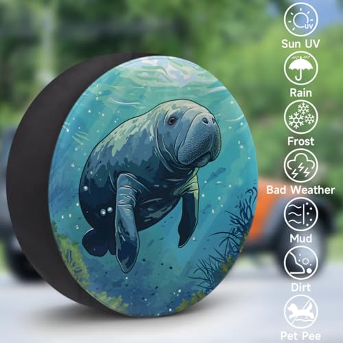Image of Spare Tire Cover for RV Trailer, Animals Manatee Tire Covers Universal Fit for Travel Trailer Camper Jeep RV SUV Truck Waterproof Wheel Cover (14 inch for Diameter 25 inch - 27 inch),A-316
