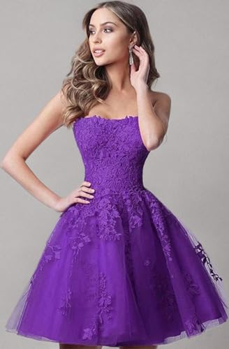 Image of Lace Homecoming Dresses Short A Line Strapless Formal Cocktail Party Gowns