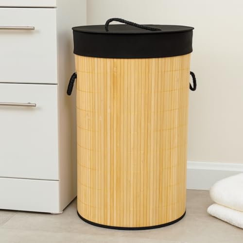 Garden Mile Panier à linge en bambou de 60 l avec couvercle – Grand panier à linge durable avec doublure amovible – Panier à linge rond pliable en bois...