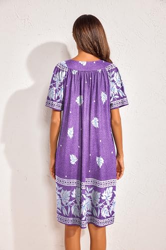 Image of Ekouaer Womens House Dress Floral Print Nightgown with Pockets Mumu Dress | V Neck Nightgowns for Women Pleated Short Sleeves Mumu Dresses Knee Length Moo Moo for Sleep, Daily Wear, Vacation, Party
