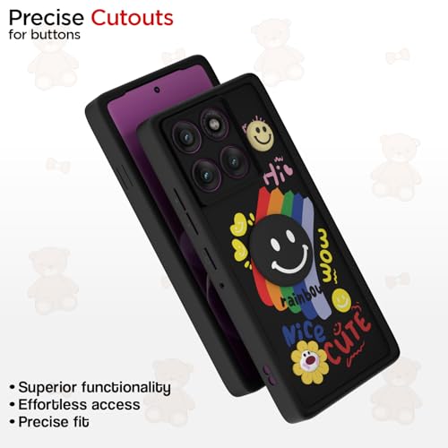 Image of Pikkme Back Cover for Motorola Moto Edge 60 Pro 5G | Soft Silicone| Cute Rainbow Smile & 3D Cartoon Flower Design | Shockproof Raised Camera Protection Bumper Case (Black)