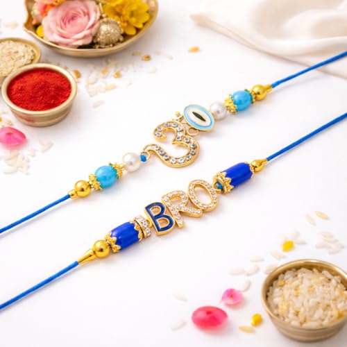 Image of Jaipur Ace Designer Kundan Rakhi with Lumba for Bhaiya Bhabhi | Premium Raksha Bandhan Thread for Brother & Sister-in-Law | Fancy Stone Work Bracelet with Tassel | Traditional Festival Gift (SET OF 2)