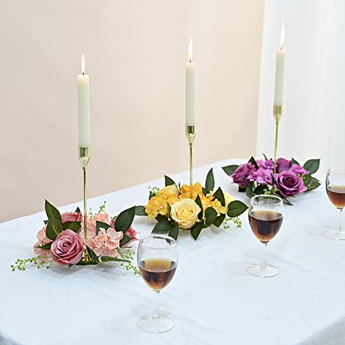 Artificial Rose Candle Rings Wreaths Floral Decor 8 Inch Small Rose Flower Candle Holder Ring Wreath Faux Silk Floral Candle Holder Rings Table Centerpieces for Wedding Home Party Decoration(Yellow)