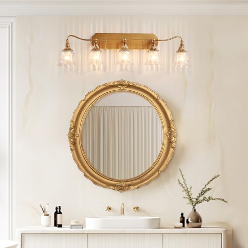 Image of LmnLvn Brushed Gold 5-Light Bathroom Light Fixture, Crystal Glass Shade