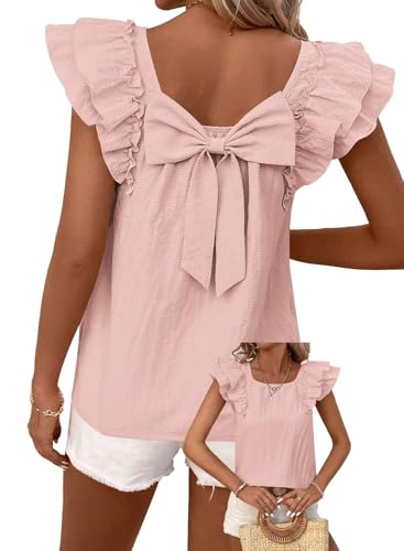 Image of Falechay Womens Bow Tie Back Tops Round Neck Ruffle Short Sleeve Shirts Cute Babydoll Chiffon Tee Women Summer Trendy Tunic