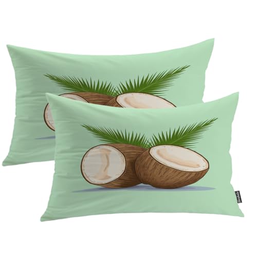 Shrahala Coco mitades decorativas fundas de almohada decorativas de coco con hojas de coco con hojas, mezcla de doble cara, sin relleno, para dormitorio, sala de estar, juego de 2 (12 x 20 pulgadas)