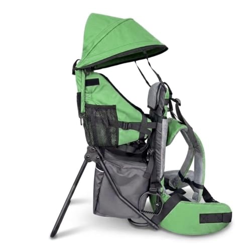 Lil' Boss Kinder Rückentrage Wandern, FASports Kindertrage 20kg bis 25kg, ergonomische Kindertrage Rucksack mit Regen- und Sonnendach, Kinderkraxe Kleinkind Hellgrün-Grau, 50 x 38 x 90 cm