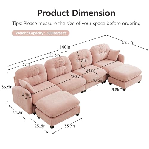 Image of KEIKI 140 inch U-Shaped Oversized Chenille Modular Sectional Sofa with 2 Ottoman, High-Density Foam Cushions, Tufted Pleated Cushion Backrest, Modern 4-Seater Couch with 2 Pillow, for Living Room, Pink