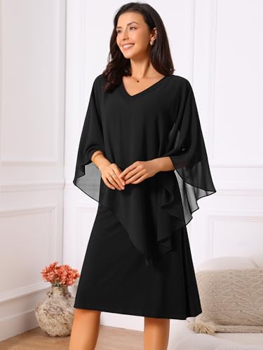 Seta T Women's Fall Dresses 3/4 Sleeve V Neck Chiffon Cape Overlay Knee Length Pencil Dress for Wedding Guest3