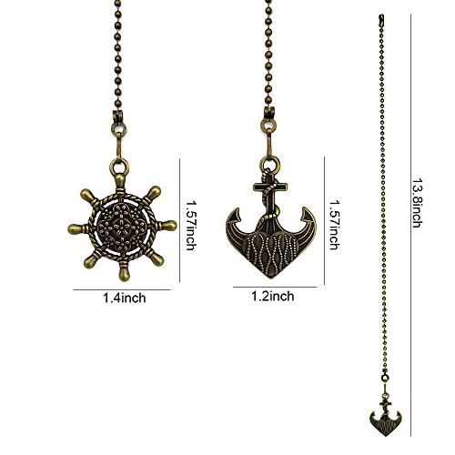 Image of Nautical Ceiling Fan Pull Chain Rudder & Anchor, 2Pcs 12in Bronze Decorative Light & Fan Pendant String Extension, 3mm Beaded Pull Charm Ornament with Connector