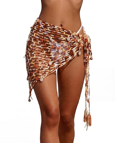 Image of Geyoga Women Crochet Cover Ups Skirt Triangle Shawl Mermaid Skirt Hollow out Swimwear Shell Beach Fishnet Summer Wrap