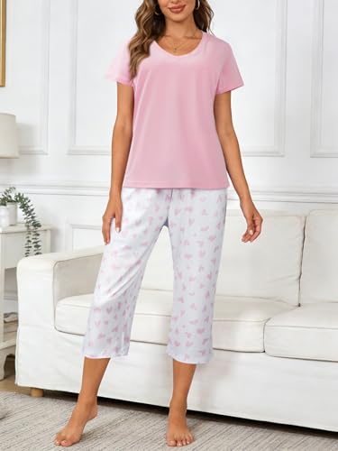 Image of YIJIU Women Soft Comfy Pajamas Cute Cat Short Sleeve Capri Pants PJS Set