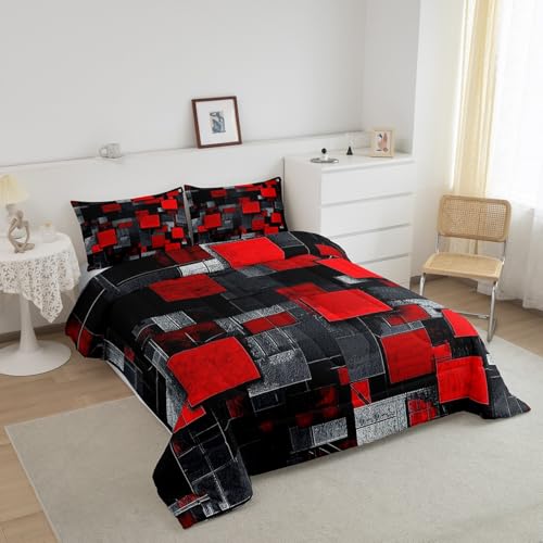 Image of Feelyou Red Black Comforter for Kids Toddler Size Geometric Grid Comforter Set Boys Girls Geometrics Comforter Abstract Art Duvet Insert Bed Set 2Pcs