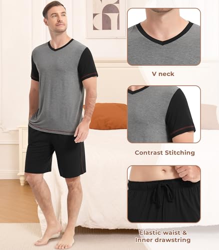 Image of NACHILA Men's Pajamas Set-Viscose Made from Bamboo, Short Sleeve Sleepwear with Shorts Cool Loungewear Soft Pjs