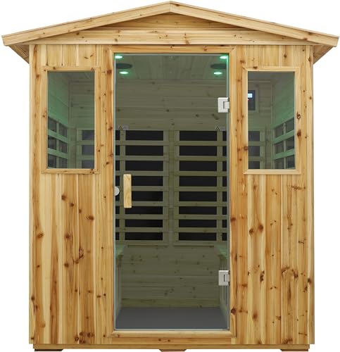 Image of LTCCDSS Low EMF Outdoor Far Infrared Sauna 4-Person, Hemlock Wood Sauna for Home- Bluetooth Speakers, LED Reading Lamps, Chromotherapy Lights, 68.1 * 52.4 * 82.7 in