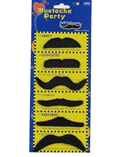 PartyMane Stickon Moustache, Black/Fake Moustache foam velvet Set, Assorted (6 Pieces)