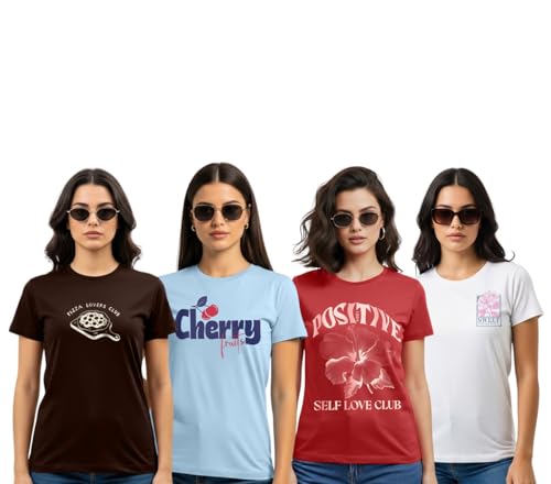 Image of Cotton Blend Regular Fit Half Sleeve Printed Round Neck Multicolor Drop Shoulder T-Shirt for Womens & Girls (Pack of 4)