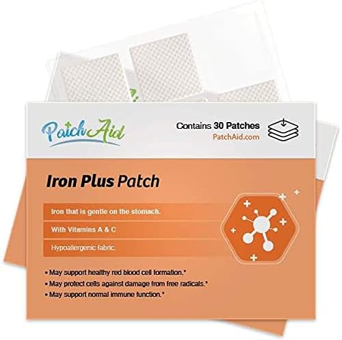 Patch Aid Iron Plus - 30 Daily Topical Patches. 100% Natural & Vegan. Allergy & Filler Free. High Absorption and More bioavailable. Suitable for Sensitive stomachs & bariatric.
