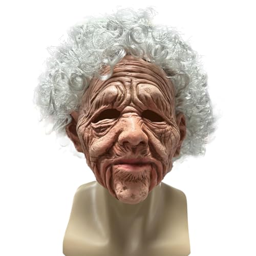 greitenty Old Women Mask Scary Realistic Wrinkle Granny Mask with Curls Halloween Funny Human Latex Cosplay Props for Party