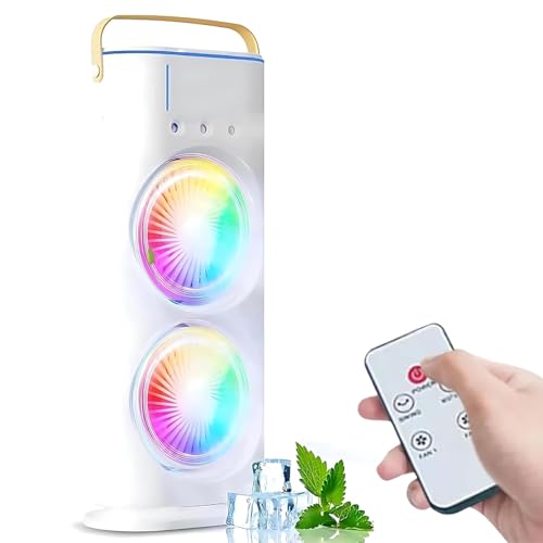 Image of Voidrop Portable Dual Fan Mist Cooler - Rechargeable Evaporative Air Cooler with RGB Lighting, 3 Mist Modes, & Remote Control | Ultra-Quiet Desktop Humidifying Fan for Home, Office, and Travel-White