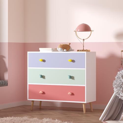 Image of 3-Drawer Chest of Drawers with Colorful Cartoon Handles, Anti-Dumping White Dresser with Solid Wood Legs,Storage Cabinet for Living Room, Closet, Apartment