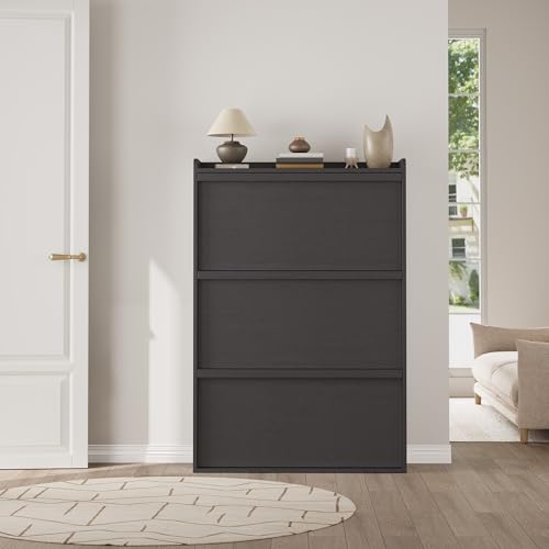 GarveeHome Shoe Cabinet with 3 Flip Drawers, Wooden Shoe Organizer Cabinet with Adjustable Shelf, Shoe Storage for Entryway, Hidden Shoe Cabinet for Hallway, Living Room, Black