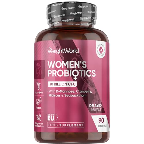 Women Probiotics Capsules - 30 Billion CFU - 90 Delayed Release Capsules - Added with D-Mannose, Cranberry, Hibiscus & Seabuckthorn Extracts - Vegan Intimate Probiotics for Women