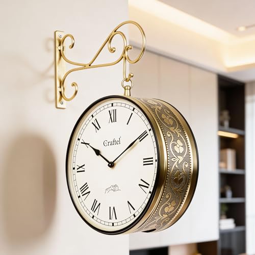 Image of CRAFTEL Double Sided Station Wall Clock Multi-Layer Electroplated | Both Side Roman Numerals | Aluminum Matte-Finish Dial Brass Body | Dial - 12 Inches, Shiny Gold | 365 Days Warranty