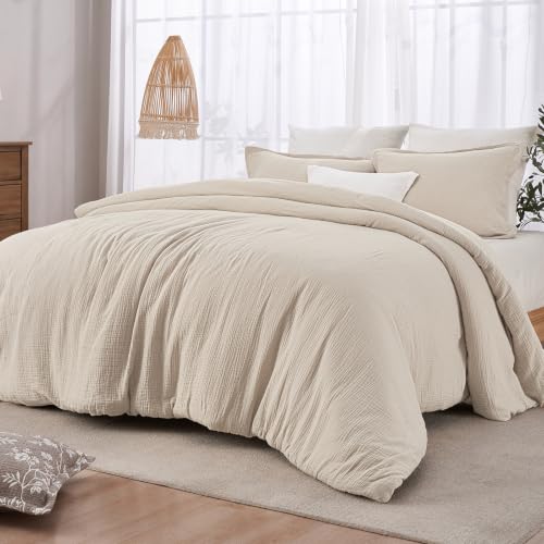 Image of PHF Cotton Muslin Comforter Set King, Ultra Soft Breathable, Natural