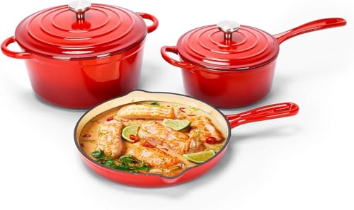 Enamel Cast Iron Dutch Oven and Saucepan Set with 7 pcs Non Stick Pans Set, 3 Small Medium Large Dutch Ovens with Lid and 1 Sauce Pan, Gas Induction Cooker Compatible Cookware - (Red) - Image 3