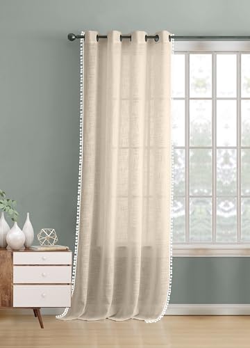 Image of THE LINEN COMPANY Cotton Linen Solid Eyelet Curtain for Window, Natural, Linen Texture Fabric, Light Filtering Curtain Panel for Living Room & Bedroom, Window Curtain 4 Feet