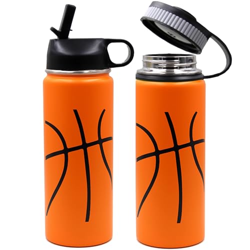 18 oz Basketball Water Bottle, Sports Flask Metal Travel Tumbler with 2 Lids, Stainless Steel Double Wall Vacuum Insulated Thermo Water Bottles, Basketball Accessories Stuff Gifts for Mom Boys Girls